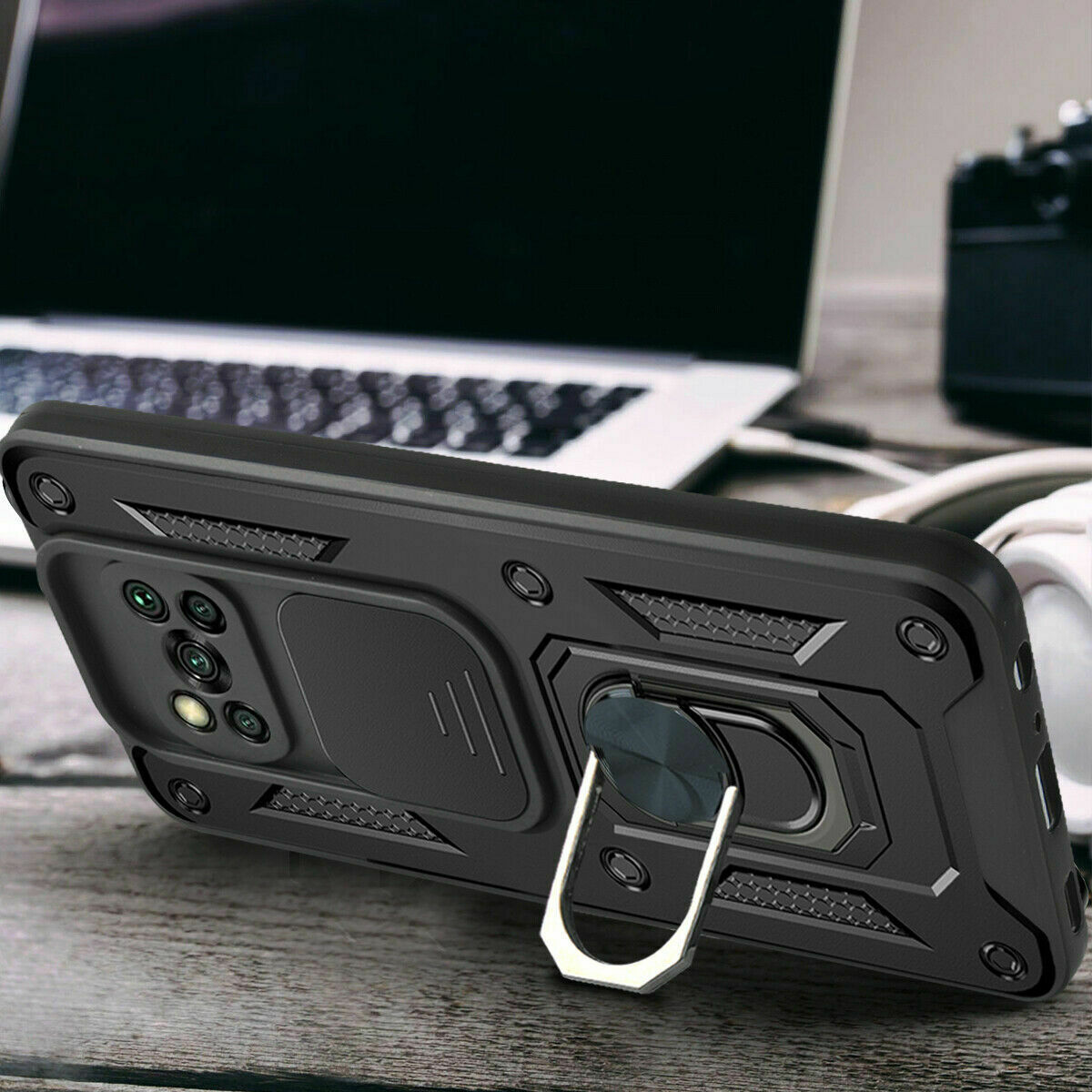 Protectores para celular  para Xiaomi  Pocophone Poco X3 NFC Funda reforzada con anillo v3 cubre c�mara Negro